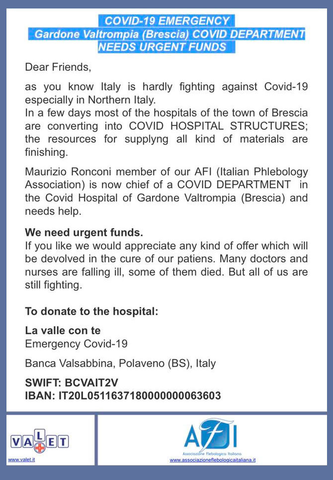 COVID-19 Emergency. Gardone Valtrompia Covid Department needs urgent funds